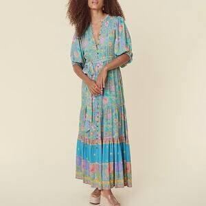 SPELL Hibiscus Lane Button Through Maxi Dress Lagoon Blue Turquoise XS